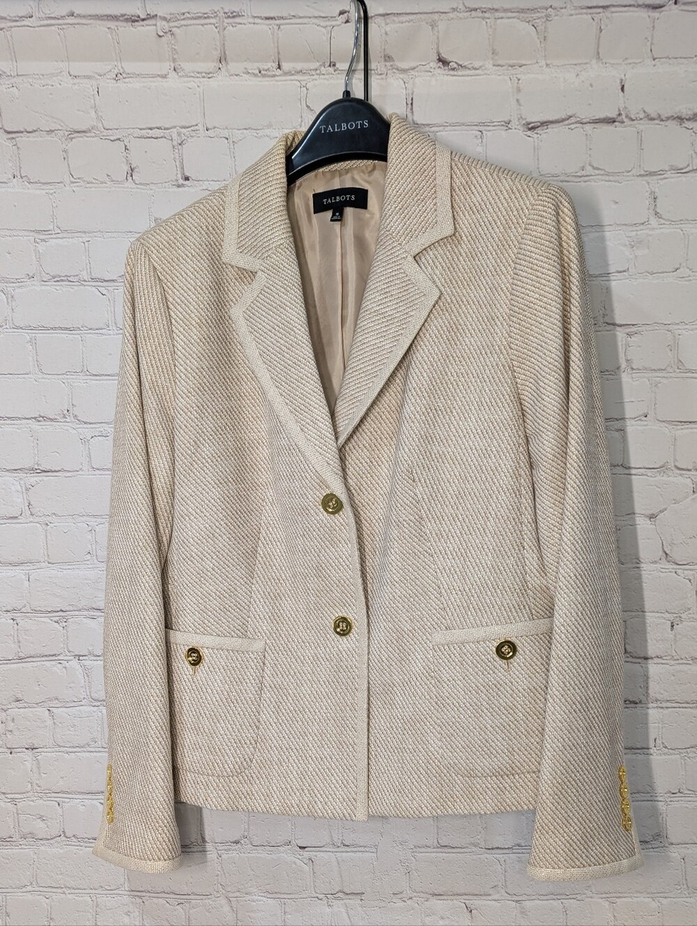 Talbots Cream Textured Single-Breasted Women's Blazer with Gold Buttons